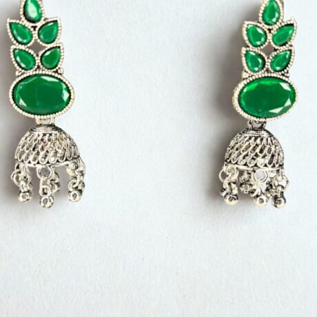 Oxidized Silver Green Stone Leaf Jhumkas