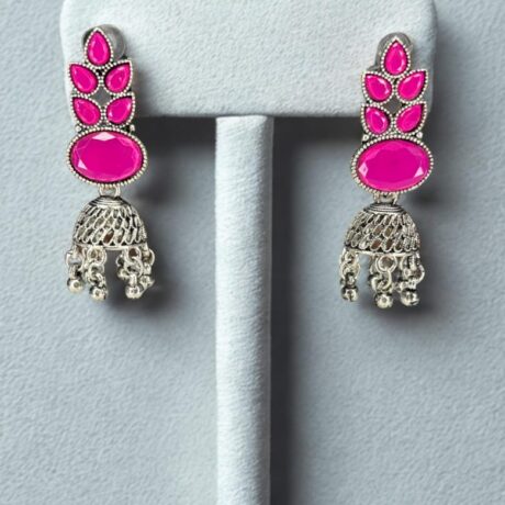 Oxidized Silver Fuchsia Stone Leaf Jhumkas