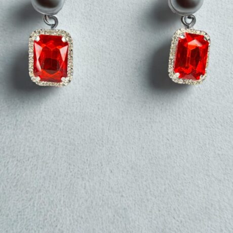Red Emerald-Cut Stone & Pearl Drop Earrings