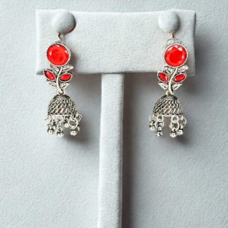 Oxidized Silver Red Cabochon & Leaf Jhumkas
