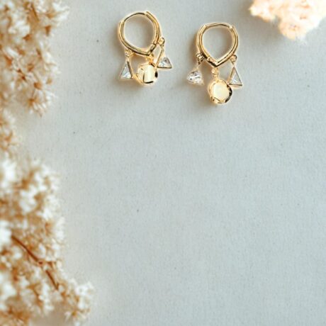 Gold-Toned Hoop Earrings with Triangle & Opalite Charms